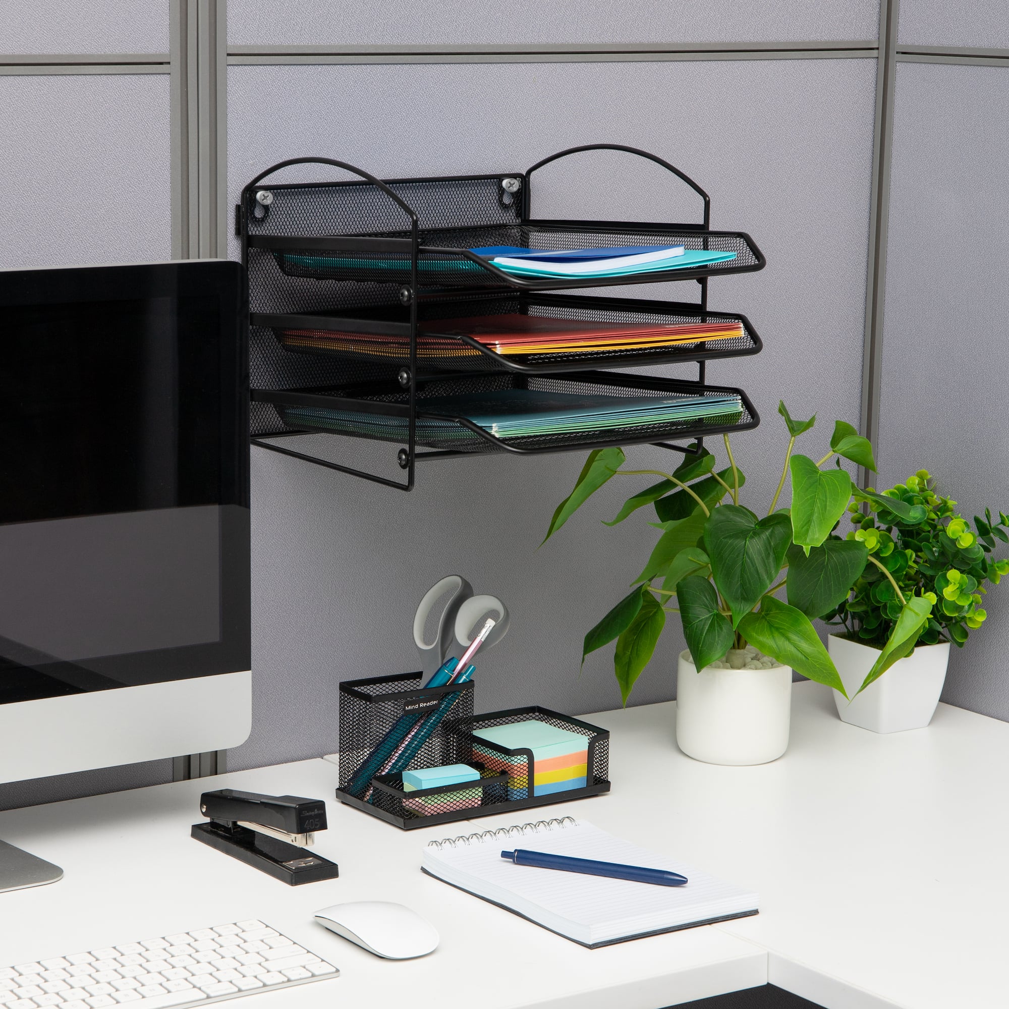 Mind Reader 3-Tier Paper Tray, Desktop Organizer, Wall Mountable, Office, Metal Mesh, 11.5"L x 14.25"W x 9.75"H, Black